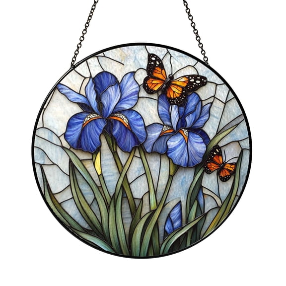 Butterfly Iris Flower Glass Suncatcher Window Decor, Stained Glass Style Hanging Art