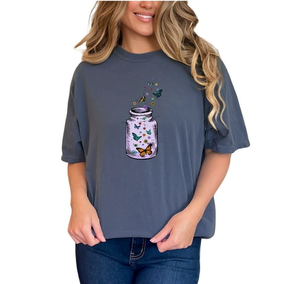 Butterfly Jar T-Shirt, Colorful Butterfly Graphic Tee, Cute Floral Design Shirt, Artistic Jar Print Top, Nature Inspired Clothing, Denim Comfort Colors T-Shirt, Small