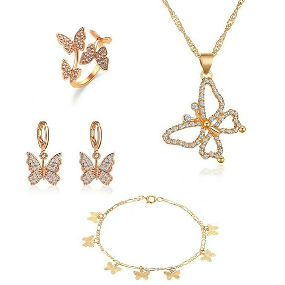 Butterfly Jewelry Set Rhinestone Crystal Necklace, Bracelet, Earrings, Ring