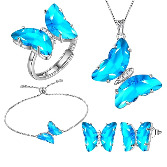 Blue Butterfly Jewelry Sets 5PCS, Necklace Earrings Bracelet Ring March Birthstone Jewelry Set Aquamarine Crystal Sterling Silver Women Mother's Day Gift