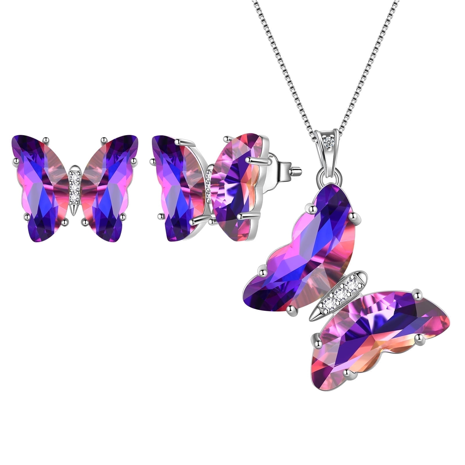 Purple Butterfly Jewelry Sets Necklace Earrings Sterling Silver, Amethyst Jewelry Set February Birthstone Crystal Women Birthday Mother's Day Gifts