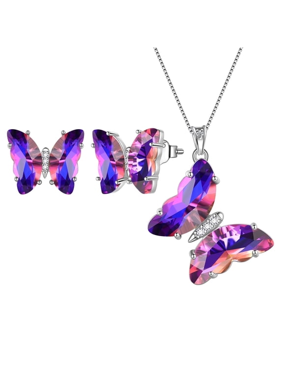 Purple Butterfly Jewelry Sets Necklace Earrings Sterling Silver, Amethyst Jewelry Set February Birthstone Crystal Women Birthday Mother's Day Gifts