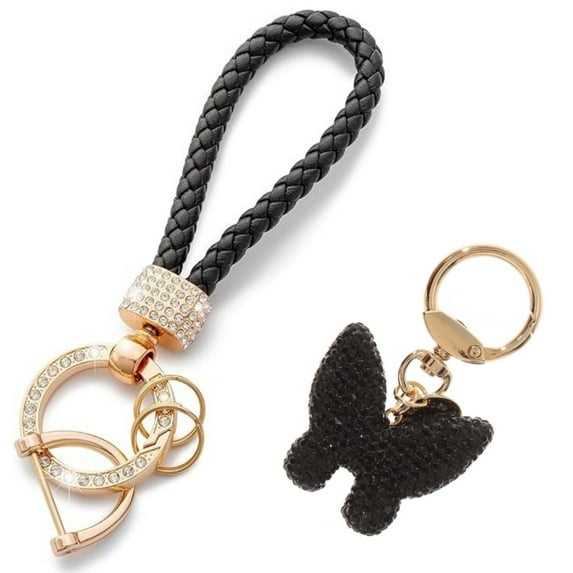 Butterfly Keychain, Kvago Leather Woven Car Key Chain for Women with Rhinestone Butterfly Shape Bling Crystal Cute Keychain for Girls Ladies Gift (Black)