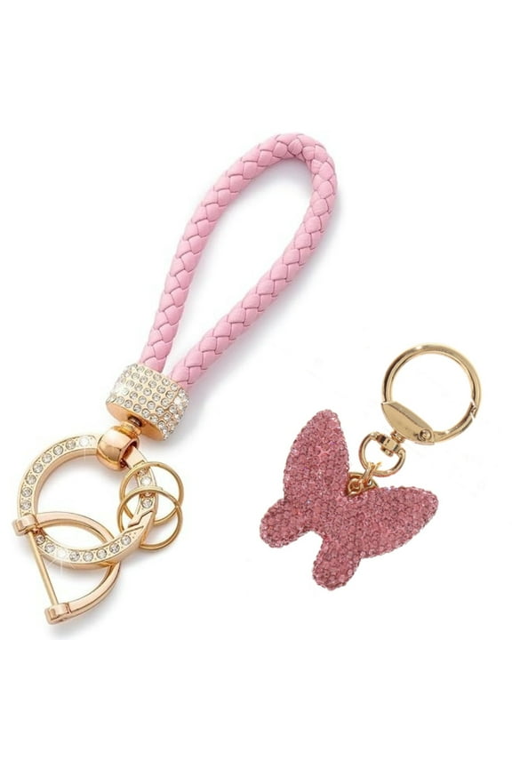 Butterfly Keychain, Kvago Leather Woven Car Key Chain for Women with Rhinestone Butterfly Shape Bling Crystal Cute Keychain for Girls Ladies Gift (Pink)