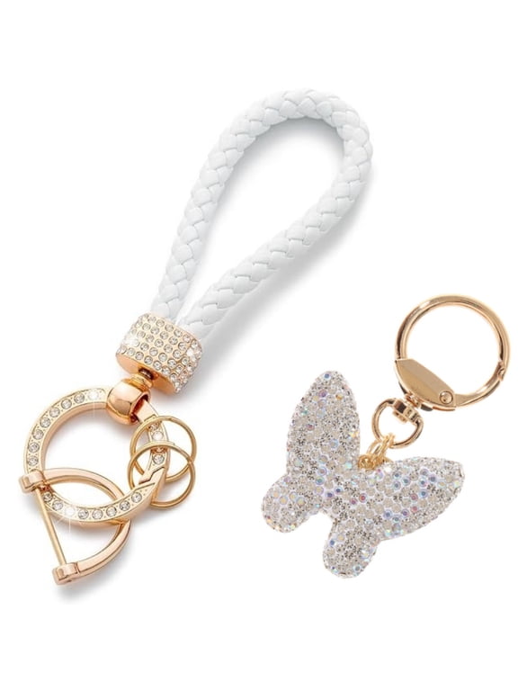 Butterfly Keychain, Kvago Leather Woven Car Key Chain for Women with Rhinestone Butterfly Shape Bling Crystal Cute Keychain for Girls Ladies Gift (White)