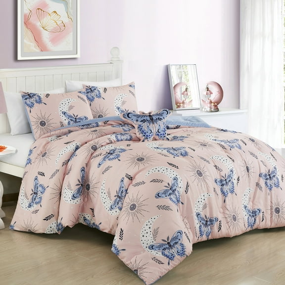 Butterfly Kids Comforter Set - Twin Size, Kids Blush Pink Comforter Set with Toy Throw Pillow - For Girls