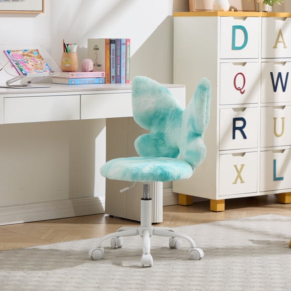 Butterfly Kids Desk Chair, Comfy Fluffy Swivel Office Roller Chair Computer Seat for Girls Study Reading & Vanity, Green