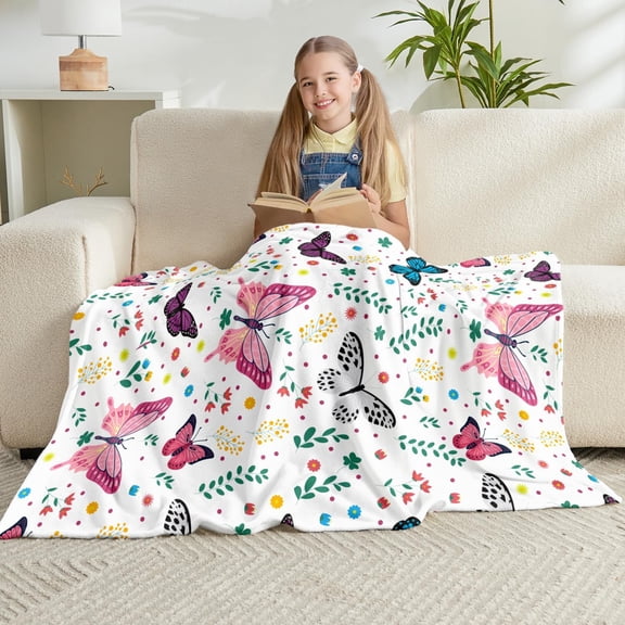 Butterfly Kids Throw Blanket for Girls Teens White Soft Fuzzy Flannel Bed Blanket for Women Adults Plush Colorful Flowers Blanket,60\u201dx80\u201d