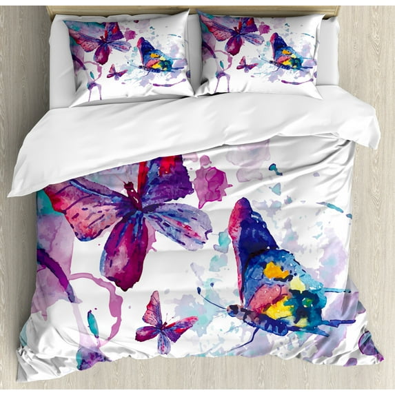 Butterfly King Size Duvet Cover Set, Watercolors Print of Butterfly Sign of the Soul Power Female Art Modern Display, Decorative 3 Piece Bedding Set with 2 Pillow Shams, Multicolor, by Ambesonne