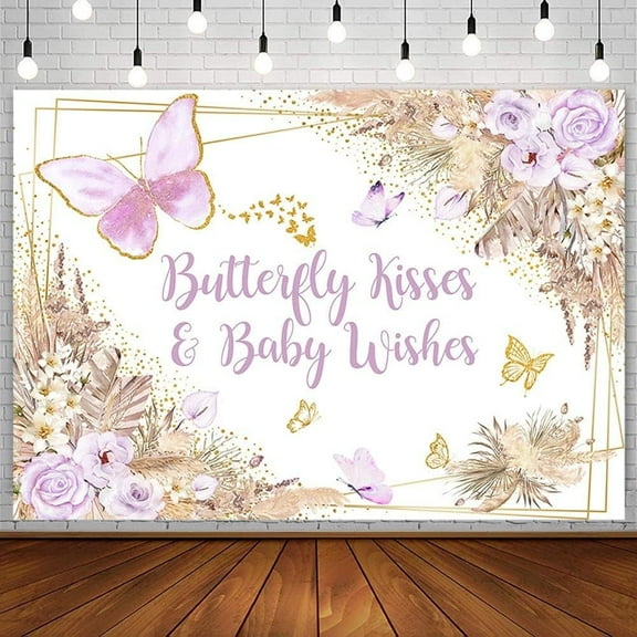 Butterfly Kisses Baby Shower Party Backdrop for Girl Princess Baby Wishes Boho Purple Floral Pampas Photography Background Oh Baby Decorations Supplies Banner Photo Shoot Studio Props