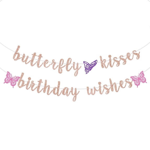 Butterfly Kisses Birthday Wishes Banner, Butterfly First Birthday Party Banner, Butterfly Birthday Party Decorations (Rose Gold)
