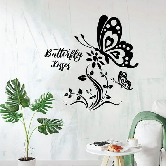 Butterfly Kisses Butterflies Silhouette Flowers Wall Sticker Art Decal for Girls Boys Kids Room Bedroom Nursery Kindergarten House Fun Home Decor Stickers Wall Art Vinyl Decoration Size (30x30 inch)