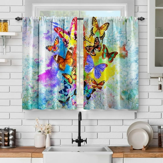 Butterfly Kitchen Curtains, Colorful Butterfly Curtains Short Cafe Curtain for Living Room Abstract Aesthetic Art Decor Tier Curtains Rod Pocket Window Drapes 24 Inches Length 2 Panel Set