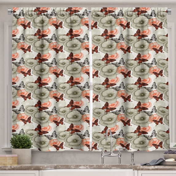 Butterfly Kitchen Curtains, Poppy Blossoms and Butterflies Wildlife Garden Forest Theme Vintage Style, Two Panels Drapes with Rod Pocket Room Decor, 55" X 45", Orange Black Khaki, by Ambesonne