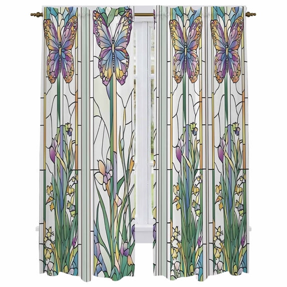 Butterfly Kitchen Curtains, Summer Spring Botanical Farmhouse Light Filtering Window Curtain Panels, 2Pcs Rod Pocket Window Treatments Set for Living Room Bathroom Bedroom 52x72 Inches