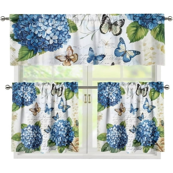 Butterfly Kitchen Curtains and Valances Set Hydrangea Floral Rod Pocket Window Treatment Kitchen Curtains Tier and Valances 3 Piece 24 Inch Kitchen Cafe Privacy Panel Farmhouse Kitchen Decor