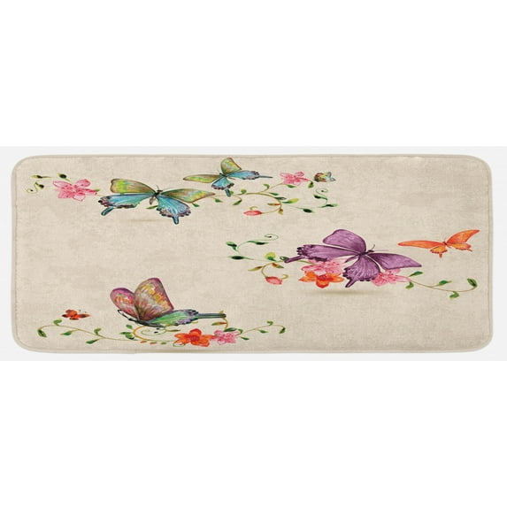 Butterfly Kitchen Mat, Springtime Flying Moths on Vintage Style Background Wings Transformation, Plush Decorative Kitchen Mat with Non Slip Backing, 47" X 19", Cream Pink, by Ambesonne