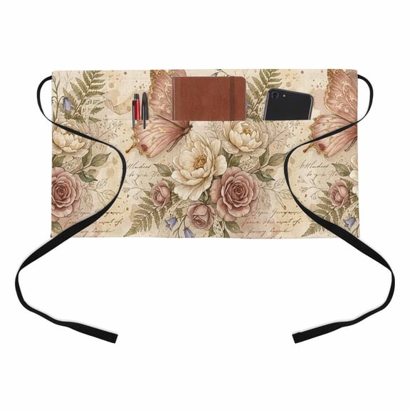 Butterfly Kitchen Restaurant Half Waist Apron, Roses Lavender Ferns French Countryside Server Short Apron with 3 Pockets Waterproof Oil Waist Aprons for Women Waitress Waiter