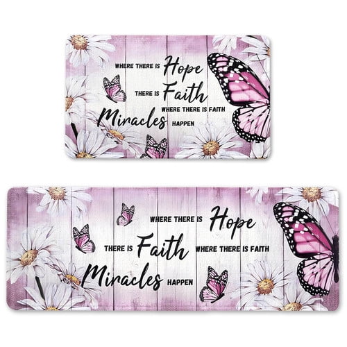 Butterfly Kitchen Rugs Sets of 2 Kitchen Mats for Floor Anti Fatigue Mats for Kitchen Floor, Daisy Floral Kitchen Rugs Non Slip Washable Comfort Mat Pink
