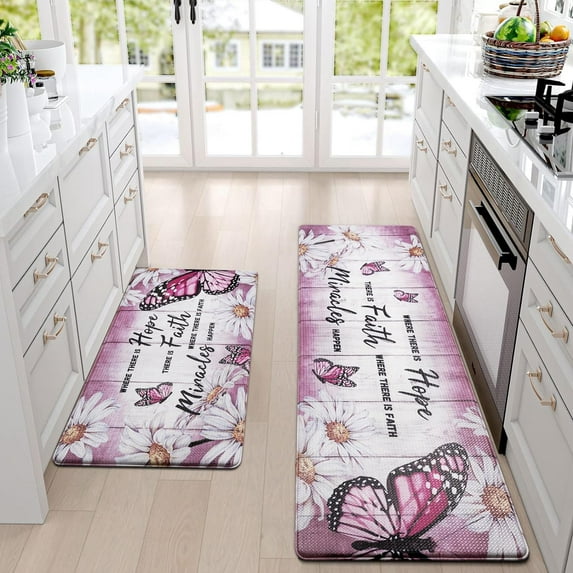 Butterfly Kitchen Rugs Sets of 2 Kitchen Mats for Floor Farmhouse Anti Fatigue Mats for Kitchen Floor, Daisy Floral Kitchen Rugs Non Slip Washable Comfort Mat, 18'''' x 30''''+18'''' x 48'''', Pink