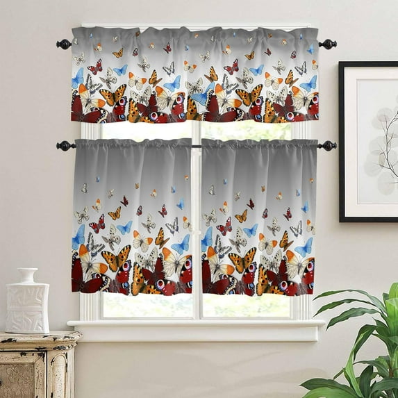 Butterfly Kitchen Window Curtain Set with Tiers and Valance, 3 Pieces Rod Pocket Valances Farm Style Butterfly Grey Gradient Window Treatment Semi Sheer Kitchen Bedroom Farmhouse Decor (52"W x 18"L)