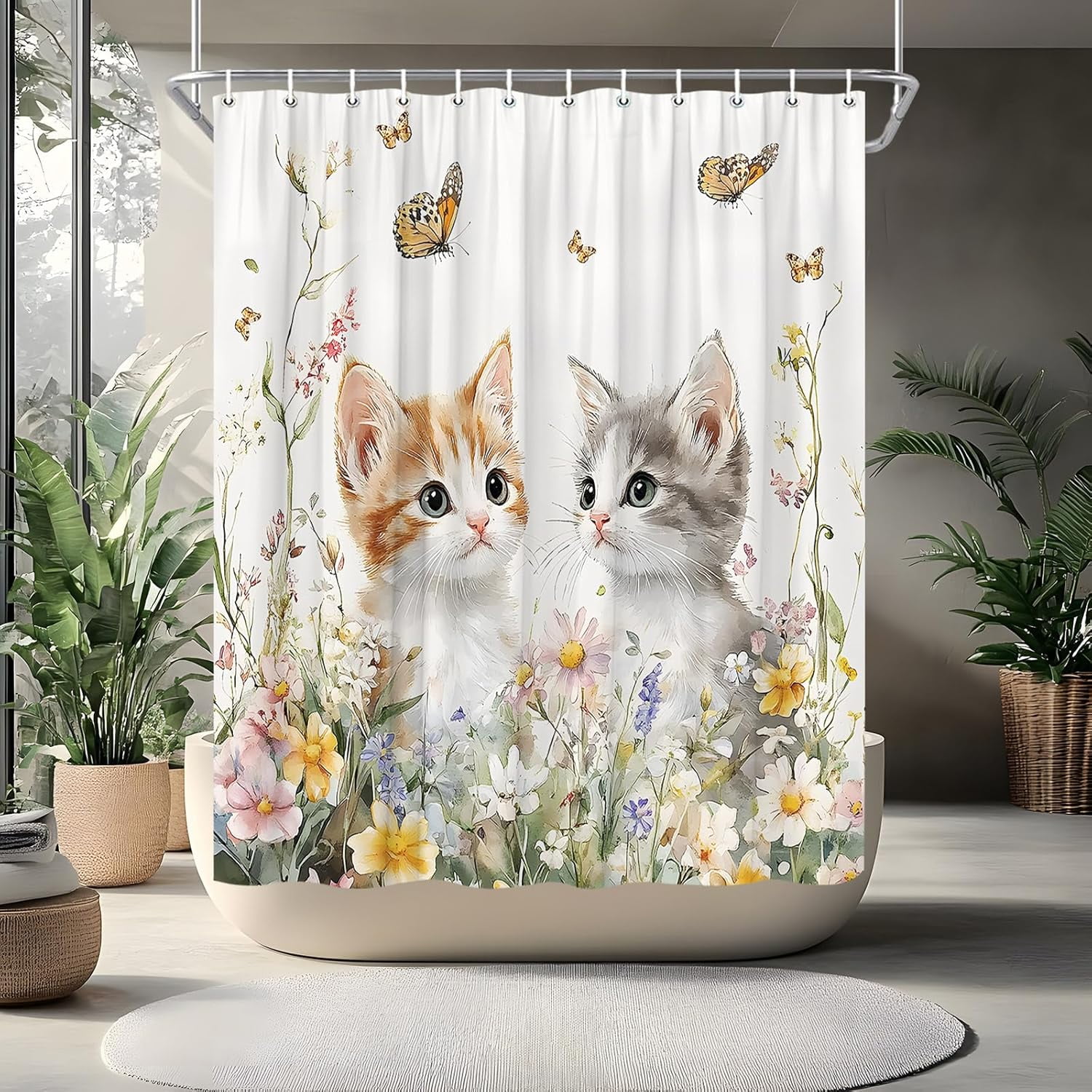 Butterfly and Kitten Floral Shower Curtain Cute Cat Spring Farmhouse Rustic Farm Animal Garden Cats Pet Lover Wildflower Bathroom Curtains Set Polyester Fabric with Hooks-72"W x 72"L (Pack of 1)