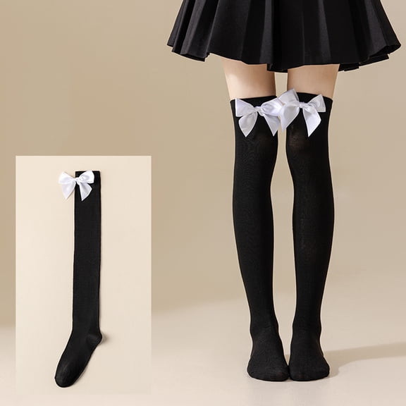 Butterfly Knot Christmas Holiday Pom-Pom Over-the-Knee Socks for Women Long Thin Striped Leg Socks