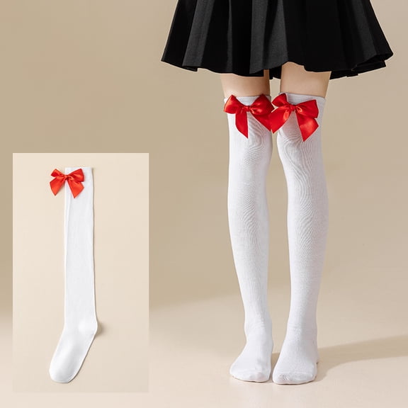 Butterfly Knot Christmas Holiday Pom-Pom Over-the-Knee Socks for Women Long Thin Striped Leg Socks