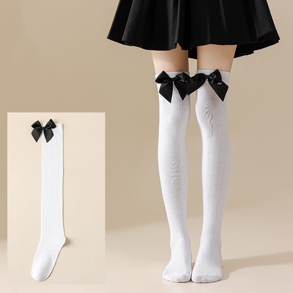 Butterfly Knot Christmas Holiday Pom-Pom Over-the-Knee Socks for Women Long Thin Striped Leg Socks