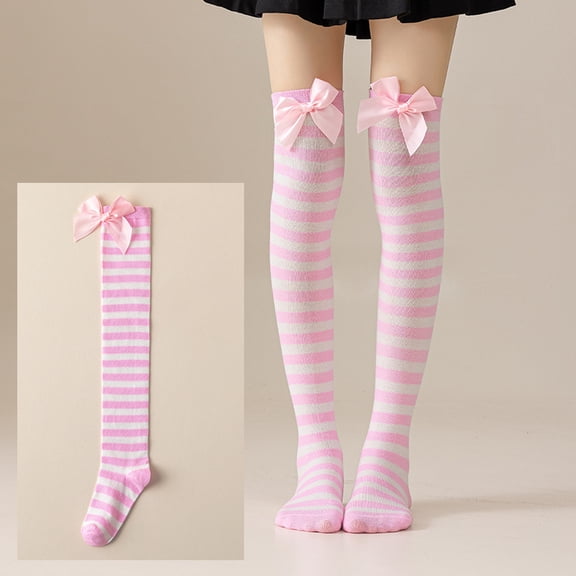 Butterfly Knot Christmas Holiday Pom-Pom Over-the-Knee Socks for Women Long Thin Striped Leg Socks