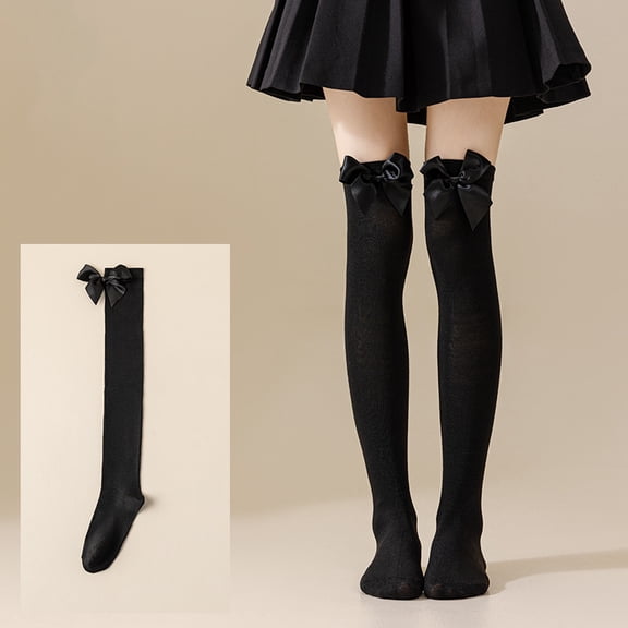 Butterfly Knot Christmas Holiday Pom-Pom Over-the-Knee Socks for Women Long Thin Striped Leg Socks