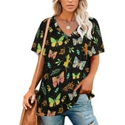 Butterfly Kumquat Dot Leaves V Neck T Shirts for Women Causal Blouse Classic Tops Short Sleeve Shirt S