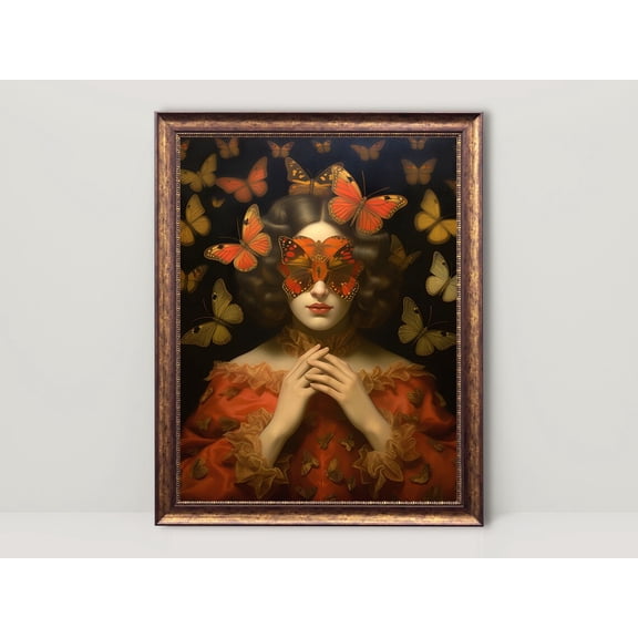 Butterfly Lady Vintage Portrait , Maximal Wall Art, Altered Surreal Eclectic Poster, Rococo Baroque Art, Red Gold Aesthetic, 8x12 UNFRAMED