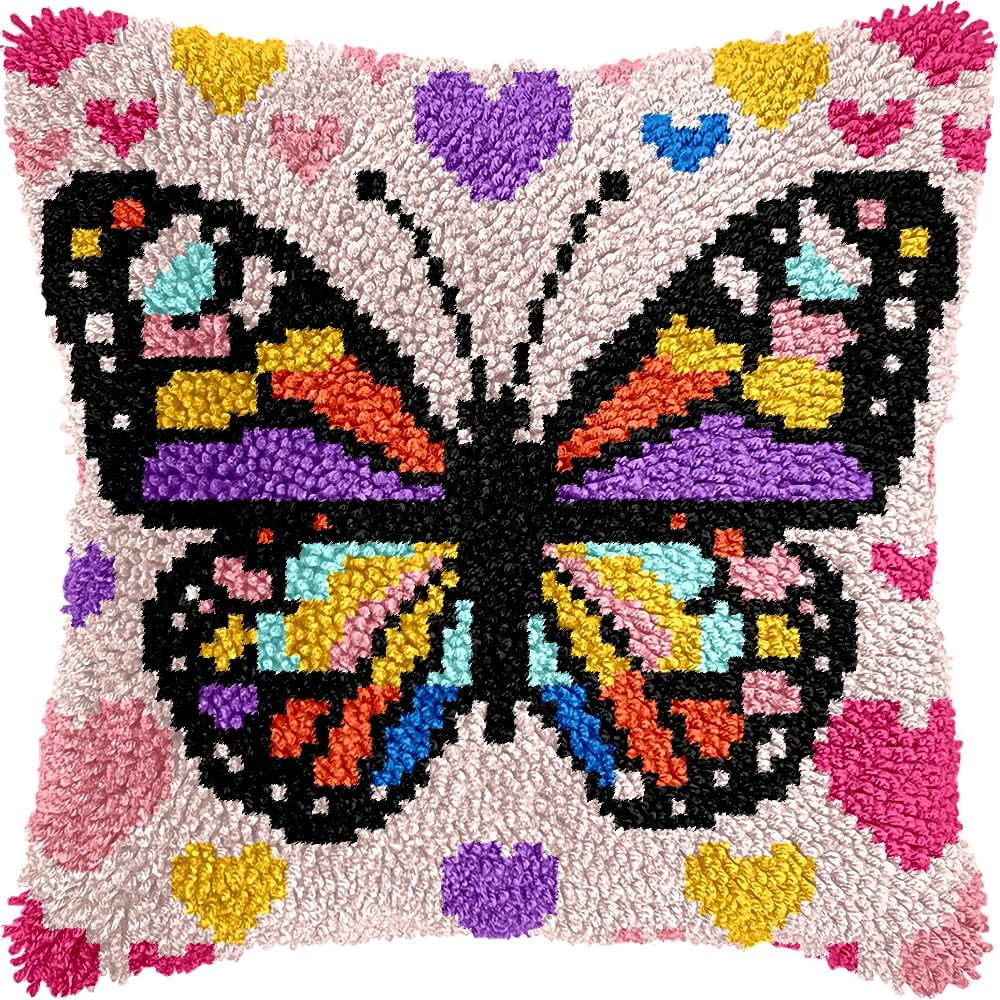 Butterfly Latch Hook Pillow Cover Kits for DIY Handmade Throw Pillow Cross Stitch Latch Hooking Pillowcase Kits with Preprinted Color Pattern Canvas Crochet Yarn Kits 17''X 17''(7-252)