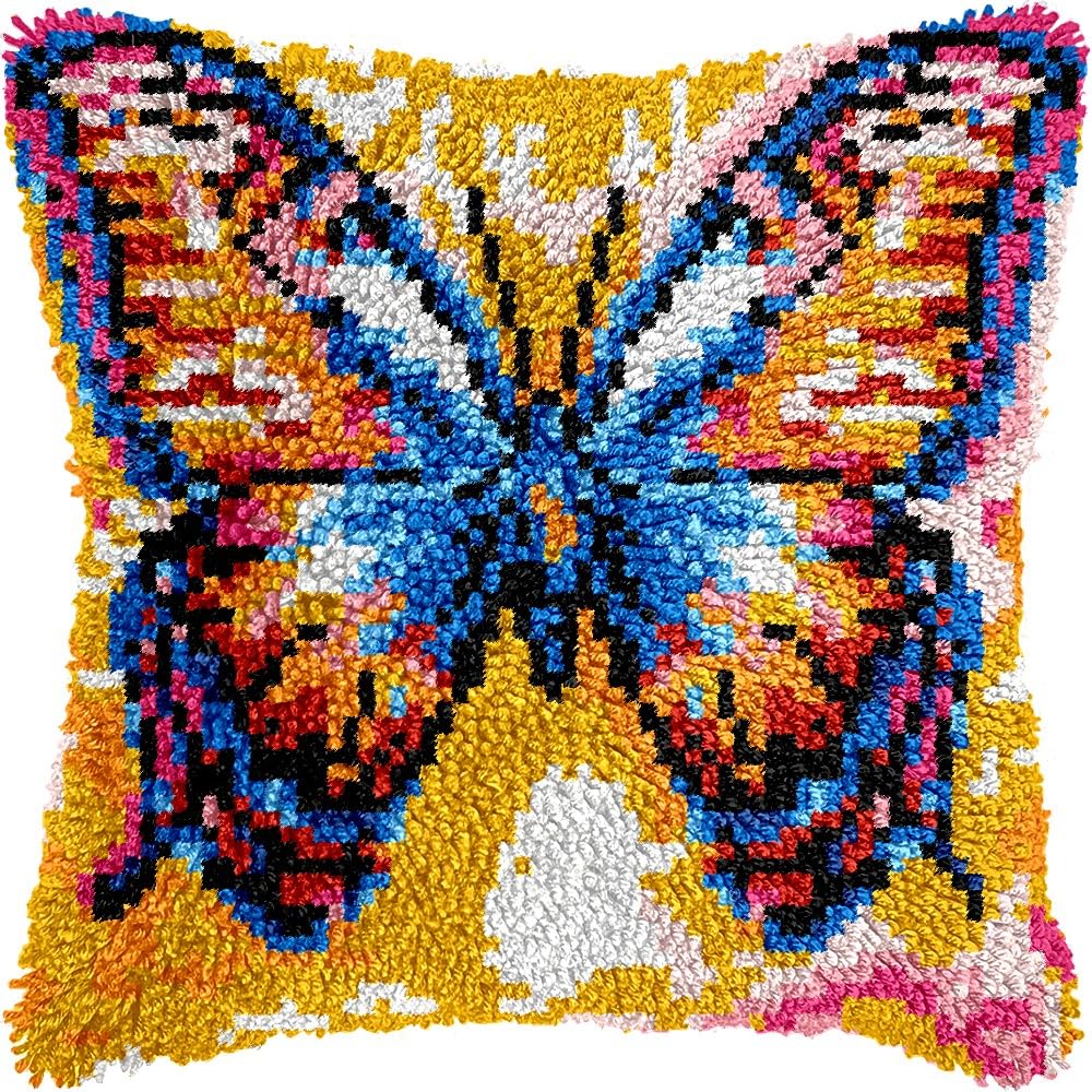 Butterfly Latch Hook Pillow Kits for DIY Throw Pillow Cushion Embroidery Latch Hooking Pillowcase Kits with Preprinted Canvas Crochet Yarn Kits for Home Decor 17''X 17''(C50)