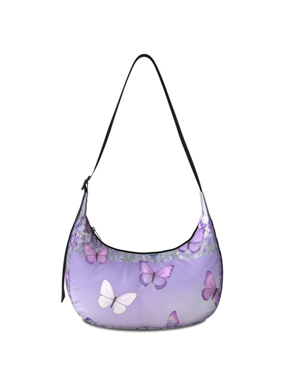 Butterfly and Lavender Purple Pattern Hobo Shoulder Bag, Shopping Crescent Purse with Adjustable Strap, Smooth Zipper Gift Ideas for Walking Travel Shopping