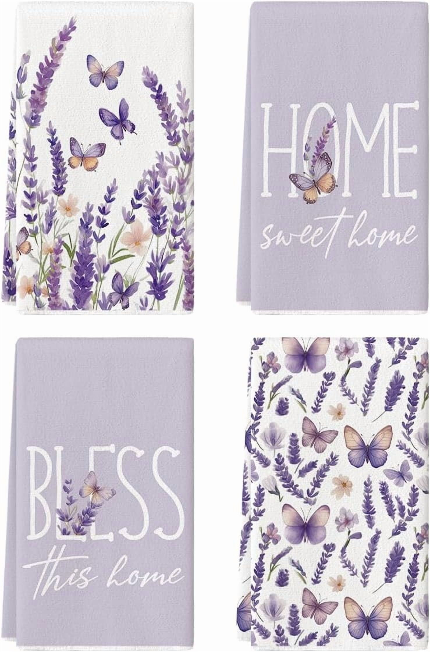 Butterfly Lavender Sweet Home Spring Kitchen Towels Dish Towels, 18x26 Inch Farmhouse Summer Decoration Cleaning Set of 4
