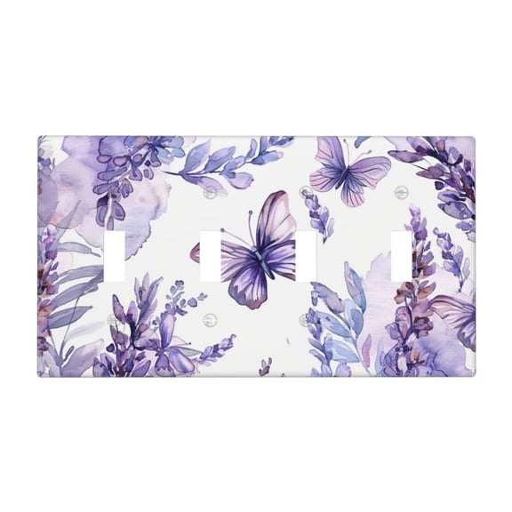 Butterfly Lavender Switch Cover Decorative Wall Plate / 4-Gang 4-Toggle / Standard Size 4.5x8 in