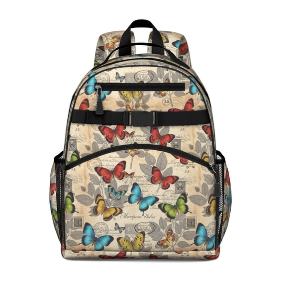 Butterfly Leaf Text Pattern Cute School Backpack Bag for School with Padded Back and Adjustable Shoulder Straps 15.25"x11.5"x5.25"