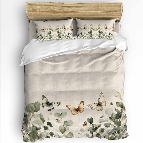 Butterfly Leaf Twin Size Comforter Set, Watercolor Leaves Spring Plant Rustic Soft Bedding for All Seasons, 4 Pcs Bed Set with 1 Comforter (68"x86") ,1Sheet(66"x116"), 2 Pillowcases (19"x29")