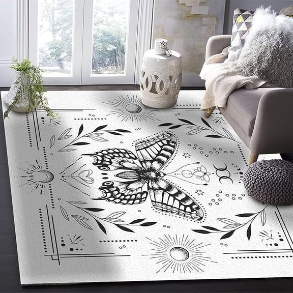 Butterfly Leaves Sun And Moon Area Rug, White Geometry Line Decorative Rug, Indoor Rug Super Soft Machine Washable Non-Slip Durable Suitable For Living Room Bedroom Dining Room 4 x 5ft