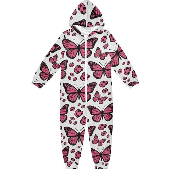 Butterfly Leopard Print Boys & Girls Hooded One-Piece Pajamas Warm Crystal velvet Hooded Long Sleeve Loungewear Jumpsuit Unisex