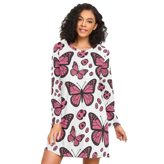 Butterfly Leopard Print Nightgowns for Women Soft Sleepwear Long Sleeves Ladies Sleepshirt Nightdress