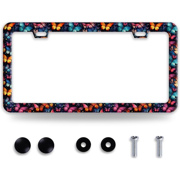 Butterfly License Plate Frame Funny Colorful License Plate Frames Stainless Steel Accessories Cars Decor with 2 Holes and Screws Fits Standard Us Ca Vehicles License Plate Holder 12.2 X 6 Inch