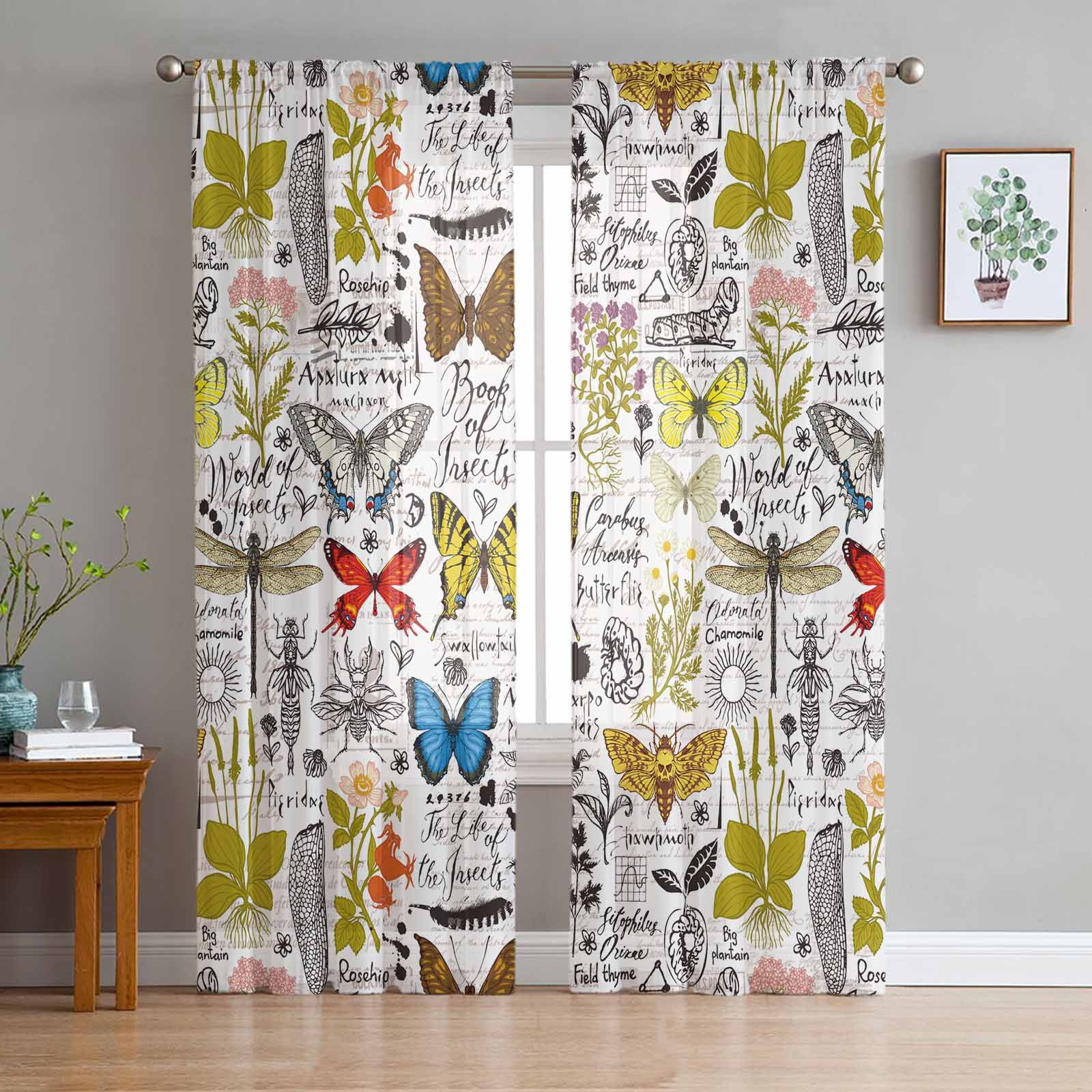 Transparent Rations Butterfly Line Flower Wreath Tulle Curtains for Living Room Bedroom ...