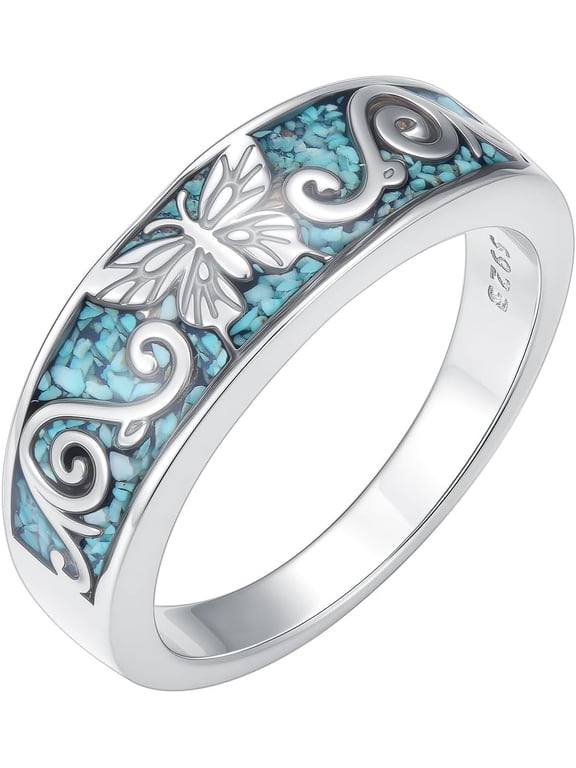Butterfly/Lotus Ring S925 Sterling Silver Butterfly Lotus Turquoise Rings Jewelry Gift for Women Men Size 6-7