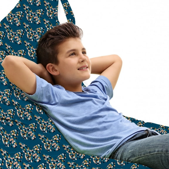 Butterfly Lounger Chair Bag, Retro Layout of Polka Dotted Flying Insects, High Capacity Storage with Handle Container, Lounger Size, Petrol Blue Blush, by Ambesonne
