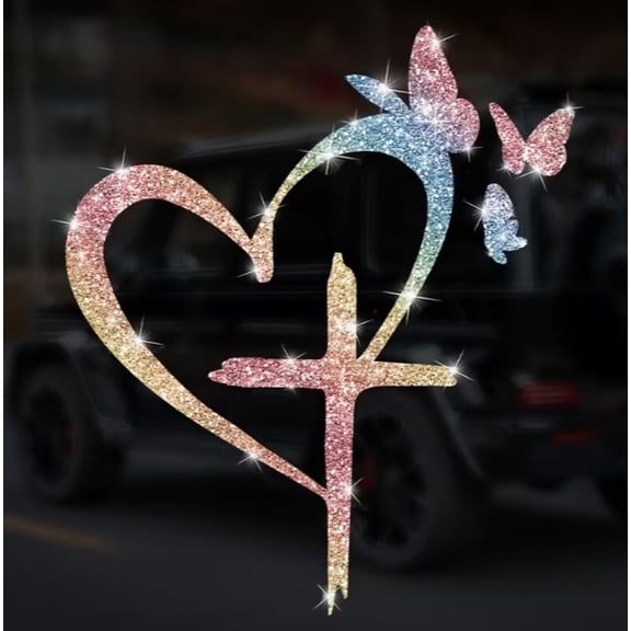 Butterfly Love Cross Flash Reflective Car Door Window Sticker - Cartoon Pattern for Cars, Trucks, Home, Glass, Laptops, and Motorcycles