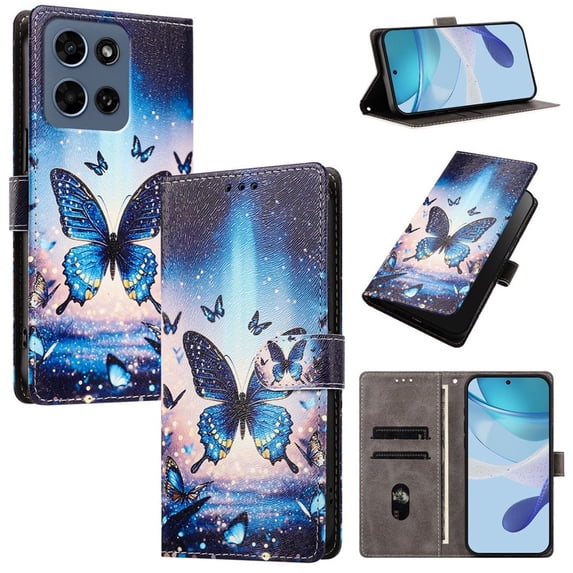 Butterfly Love Flower Wallet Case For Motorola Moto G 5G 2025 / 2026, PU Leather Flip Folio Cover With Card Slots, Magnetic Closure, Kickstand, Shockproof Protective Phone Case,Blue Butterfly
