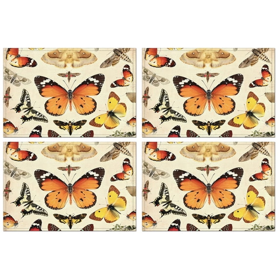 Butterfly Lover Heat Resistant Flax Table Mats for Dining Table, Wrinkle Free Machine Washable Place Mats with Colorful Tropical Floral Artistic Pattern, Cute and Aesthetic Design, Set of 4